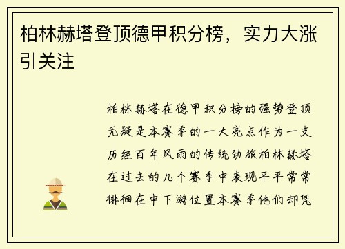 柏林赫塔登顶德甲积分榜，实力大涨引关注